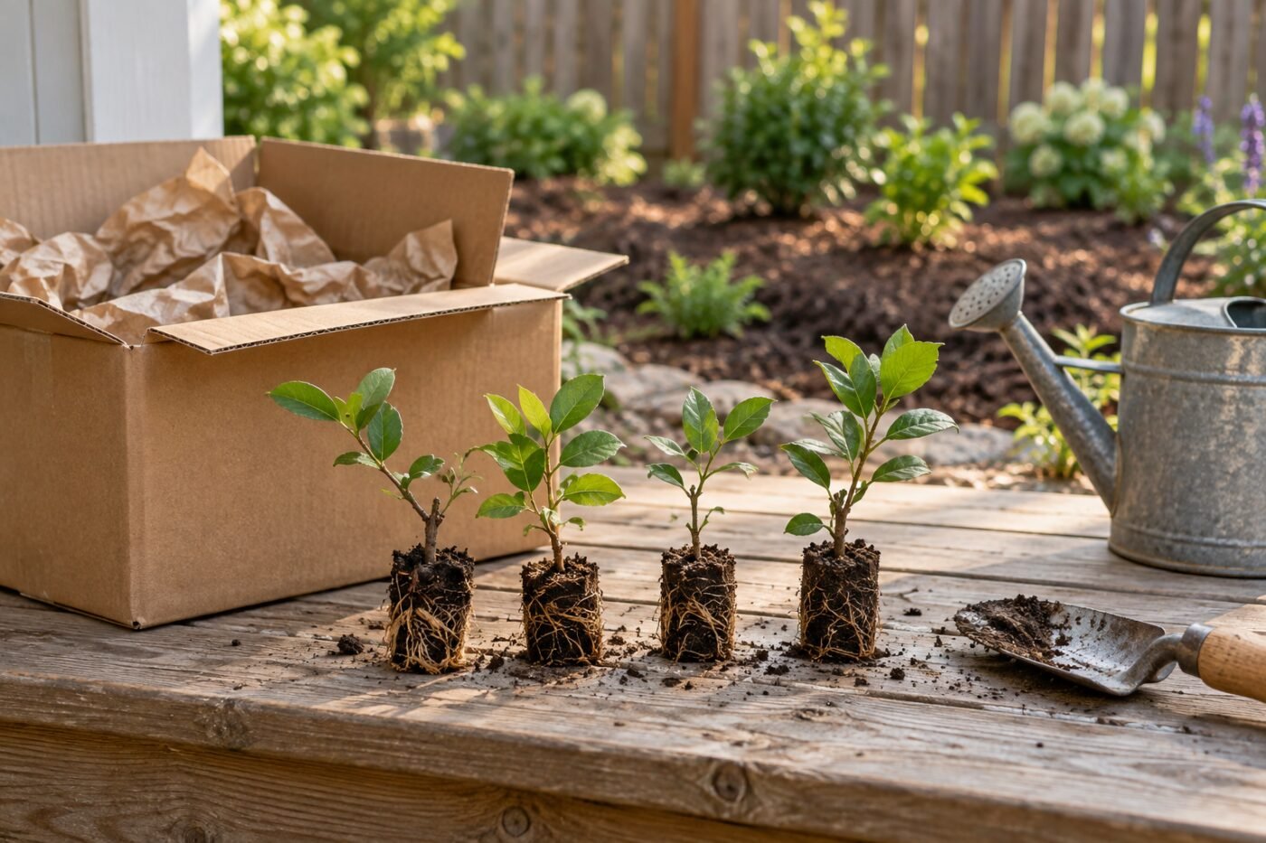 Buying starter plants online: rooted starter shrubs unpacked from a shipping box on a porch step