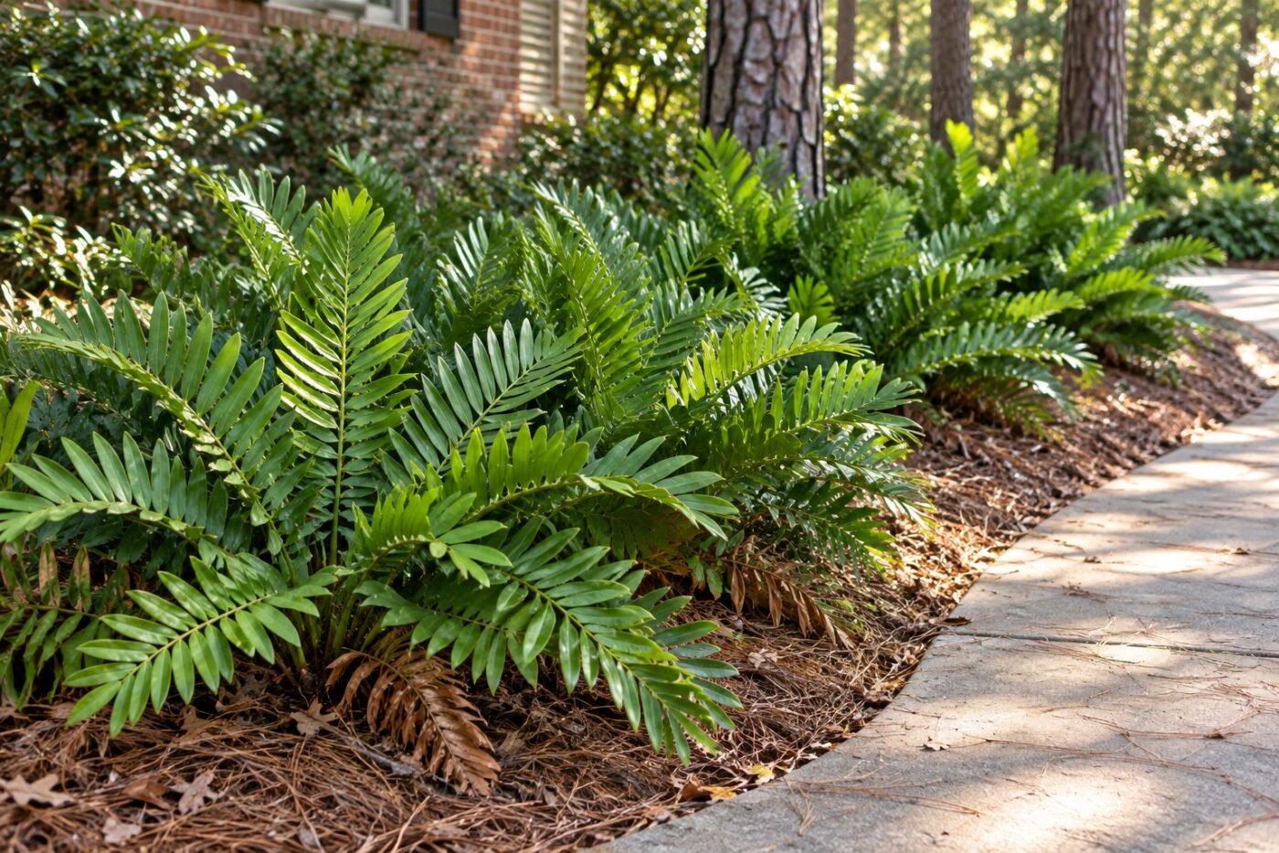 Coontie palm care: low clumps of glossy native coontie edging a shady North Florida walkway