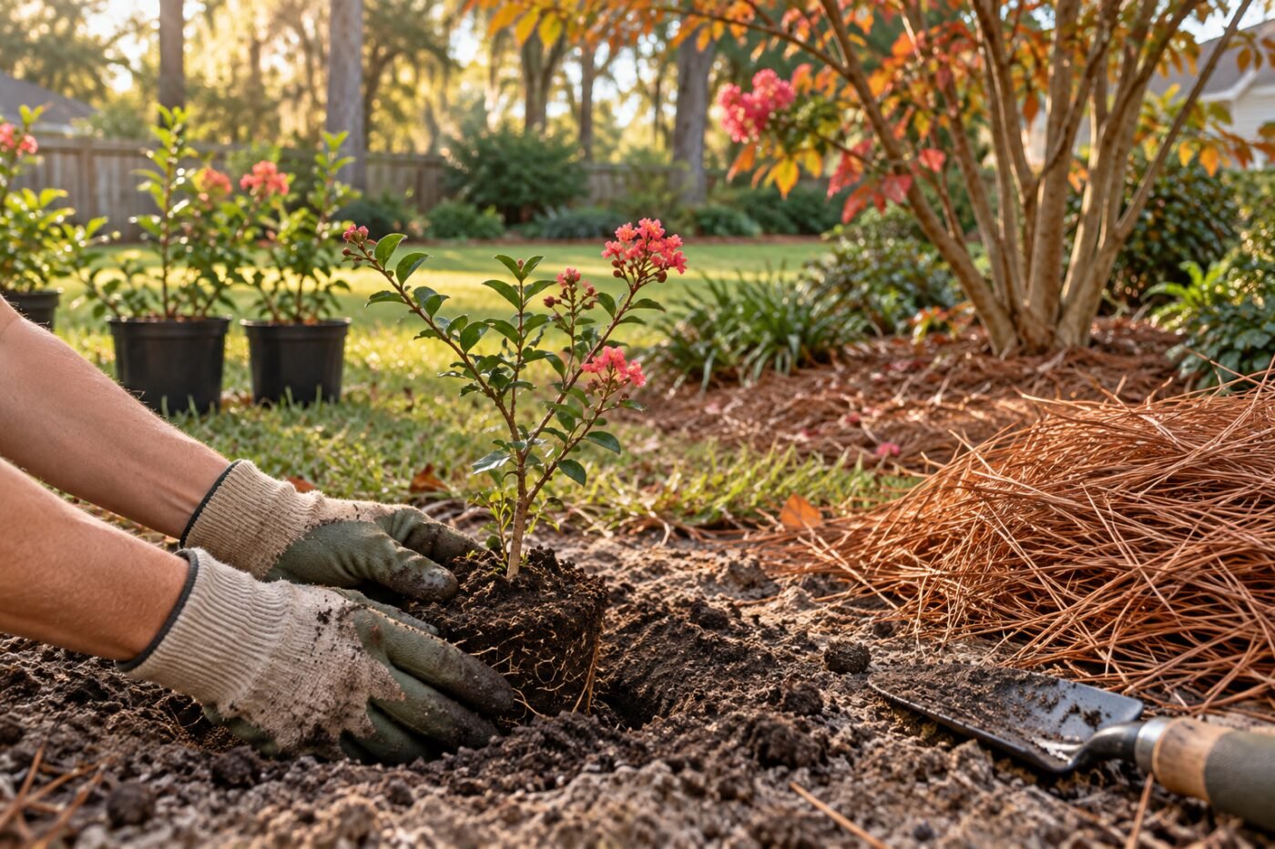 Fall planting in Florida: gardener setting a starter shrub into sandy soil beside pine straw and a young crape myrtle