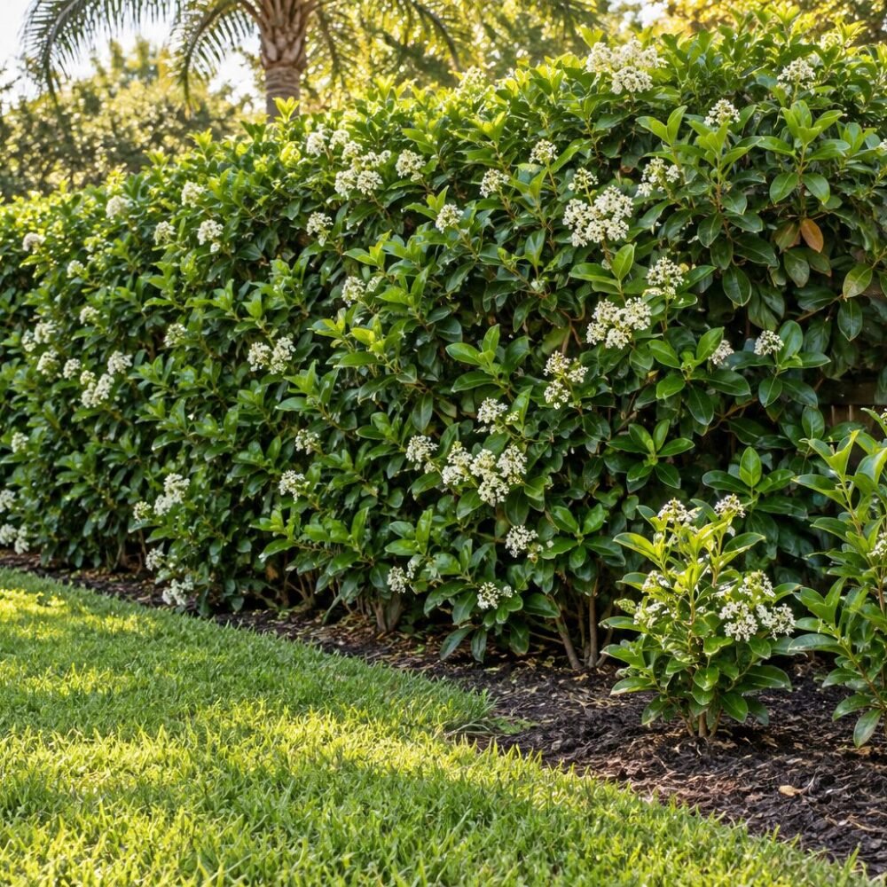 Fast growing privacy hedge of sweet viburnum along a wooden fence in a Florida backyard