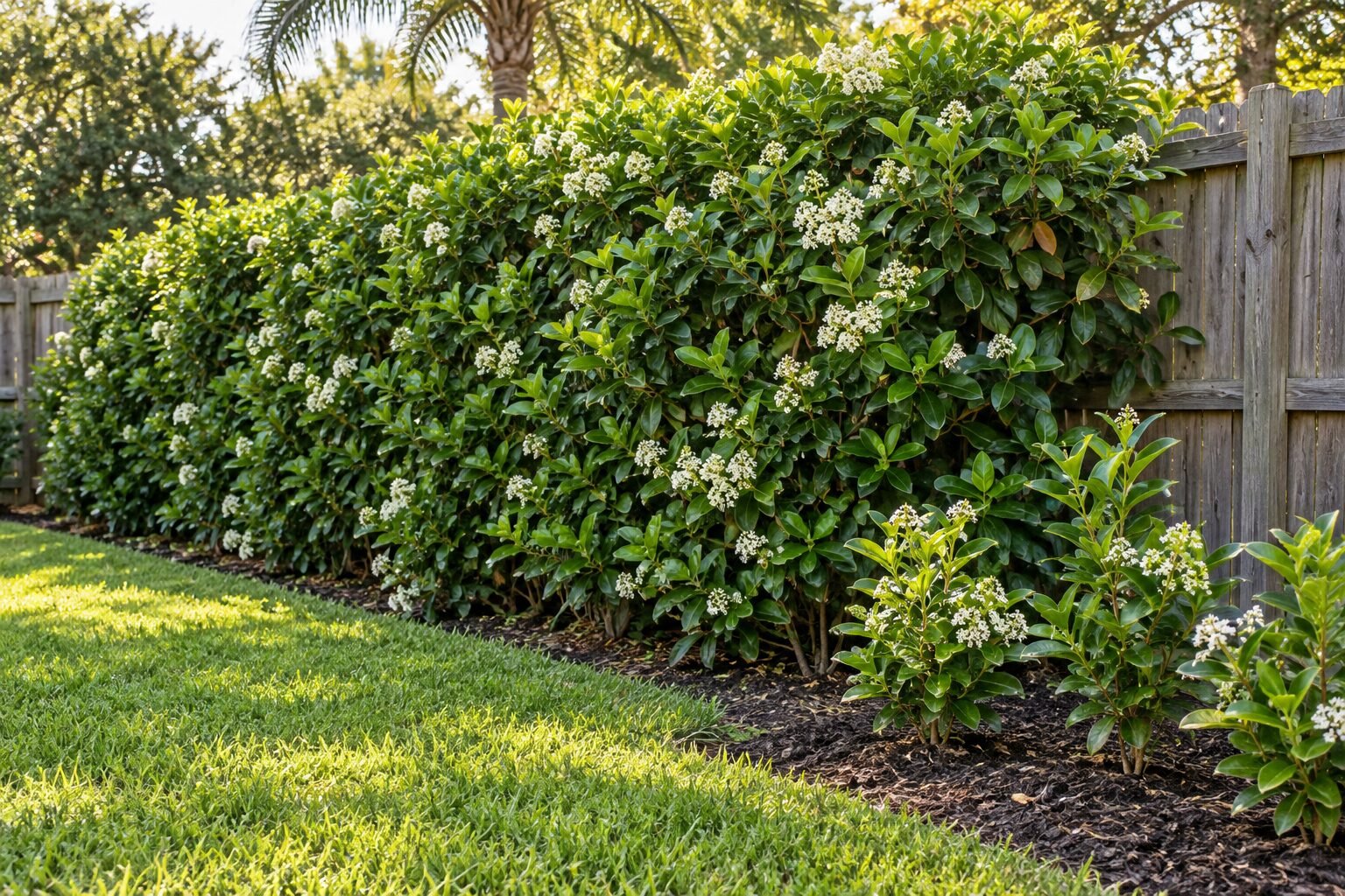 Fast growing privacy hedge of sweet viburnum along a wooden fence in a Florida backyard