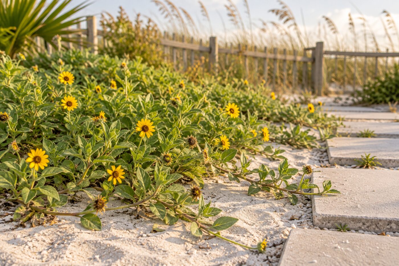 Florida ground cover plants: dune sunflower spreading across sunny coastal sand beside stepping stones