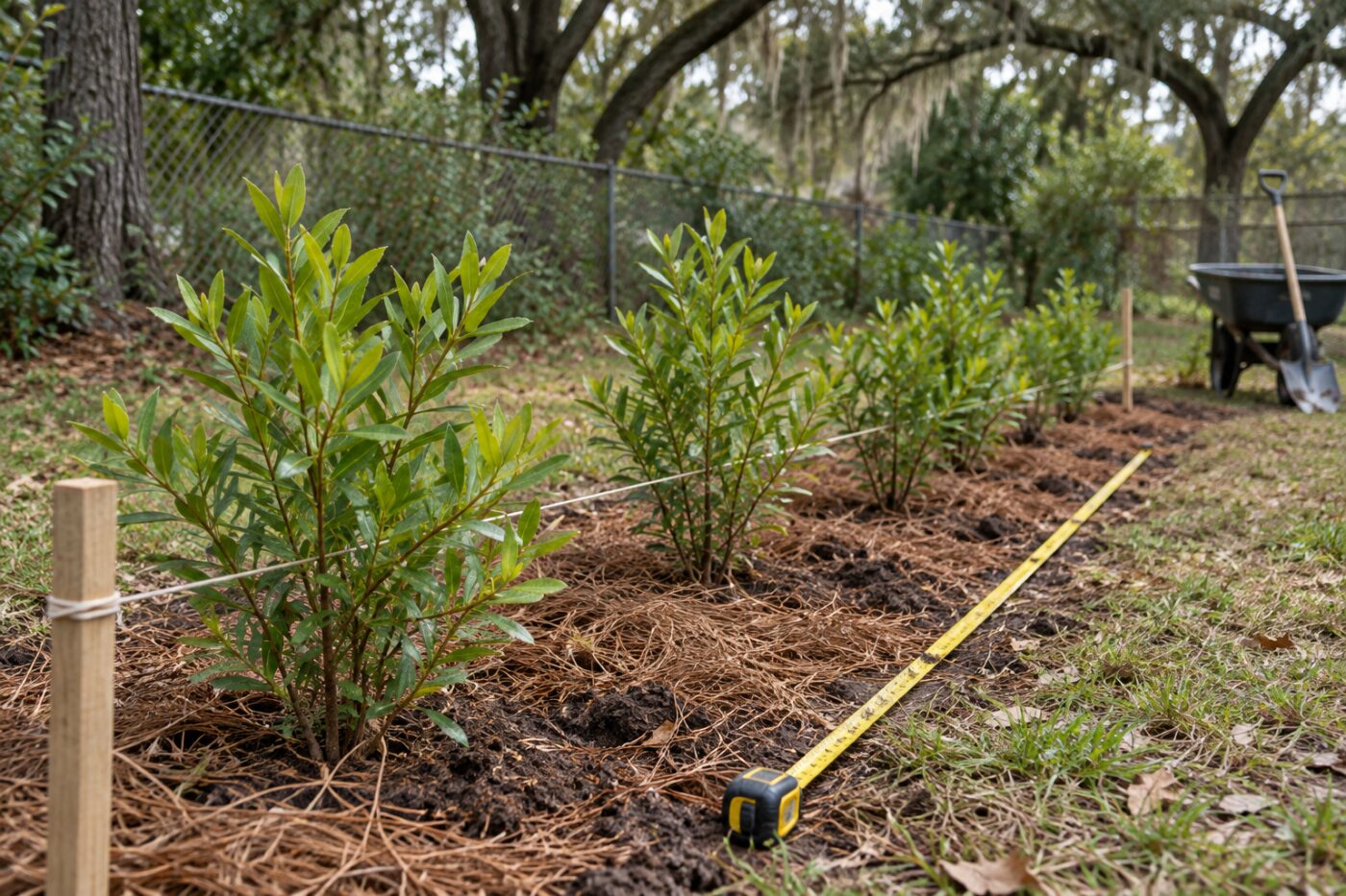 How many shrubs for a hedge: young wax myrtle plants spaced evenly along a string line with a tape measure
