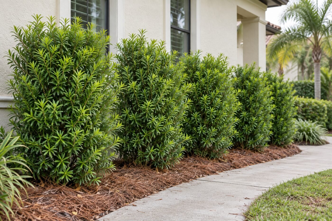 Podocarpus spacing in a young yew pine hedge planted 3 feet apart along a Florida home