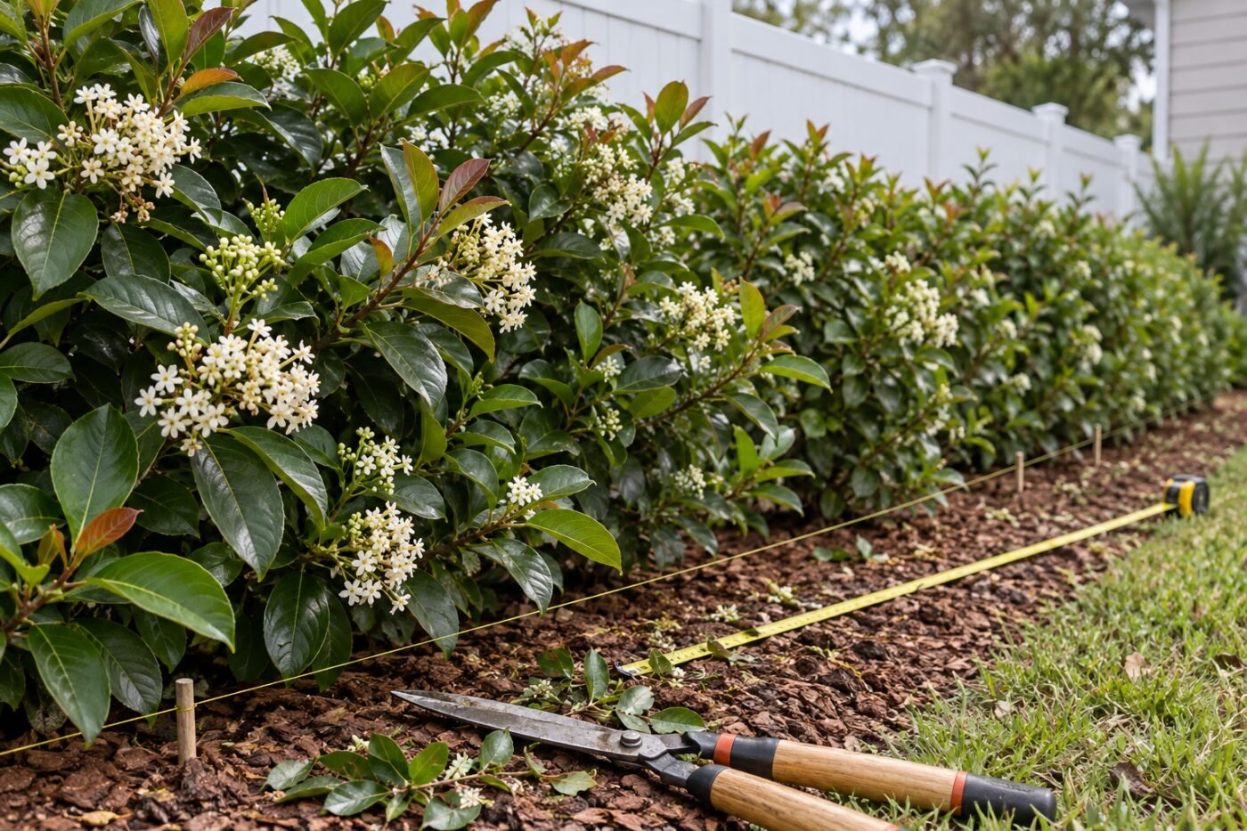 Young sweet viburnum hedge planted in an evenly spaced row along a fence with hedge shears and a measuring tape