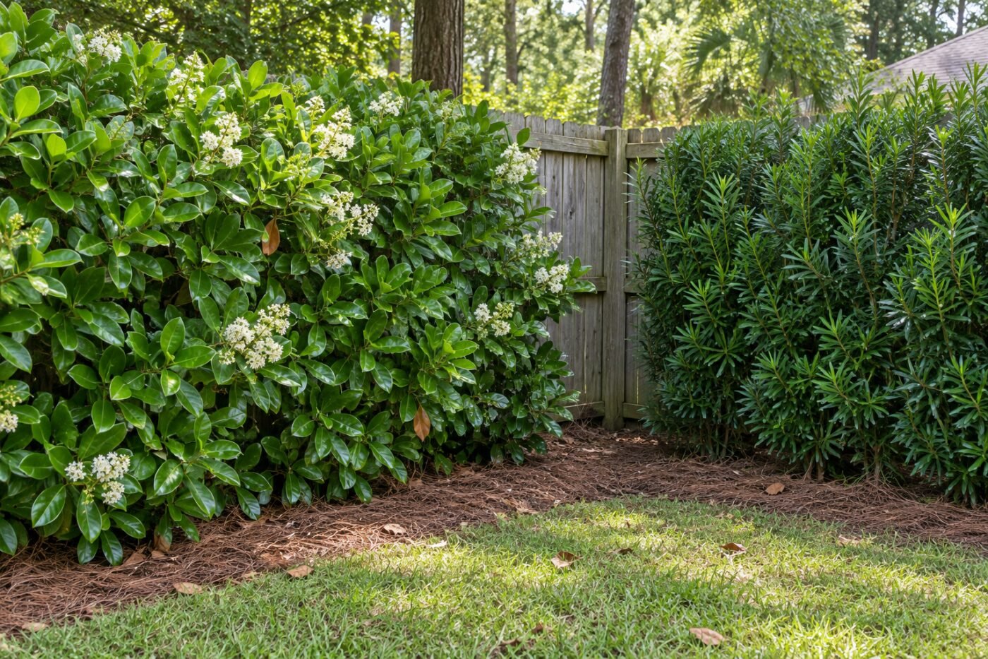 Sweet viburnum vs podocarpus: broad sweet viburnum hedge beside a slim podocarpus hedge at a fence corner